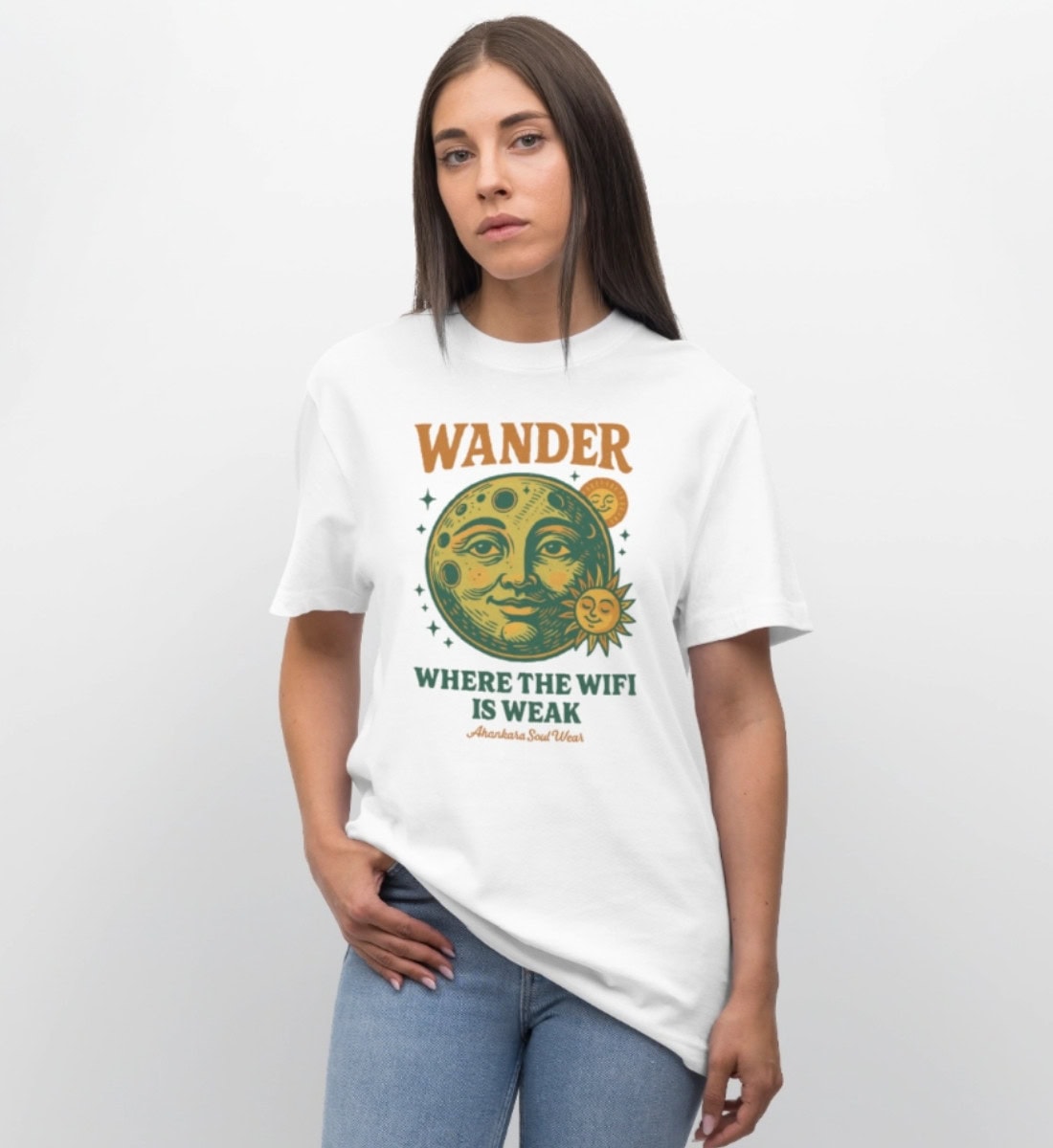 Retro T Shirt mit Wander Print Weiss Frauen