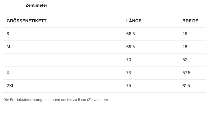 Denim Shirt Größentabelle