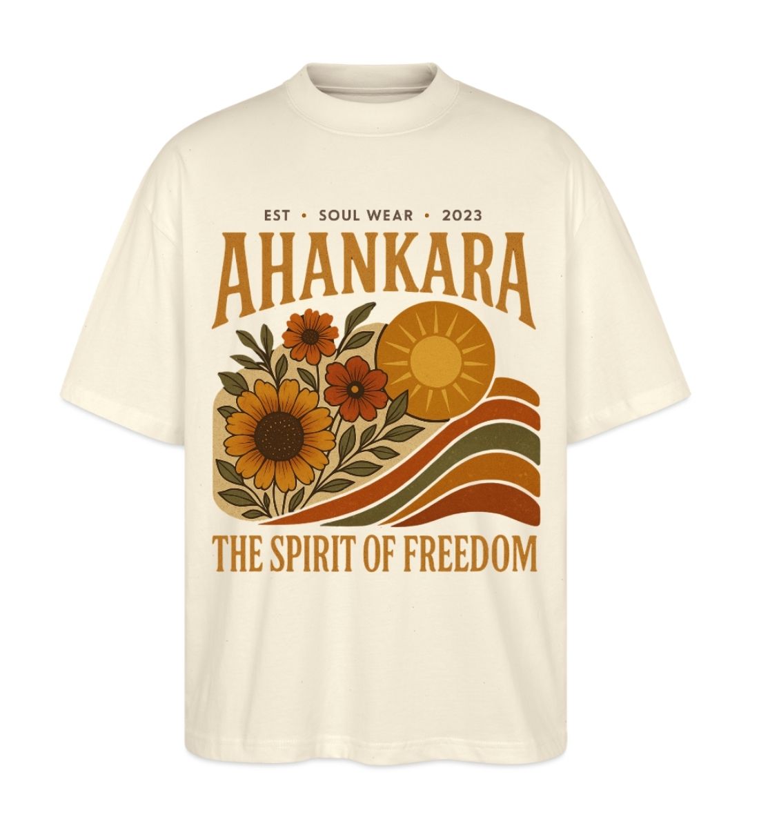 Hippie T Shirt in Creme mit floraler Vintage-Grafik und spirituellem Design