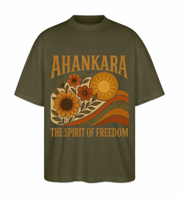 Olivgrünes Hippie T Shirt im Retro-Look mit Sonne, Blume und 70s-Design