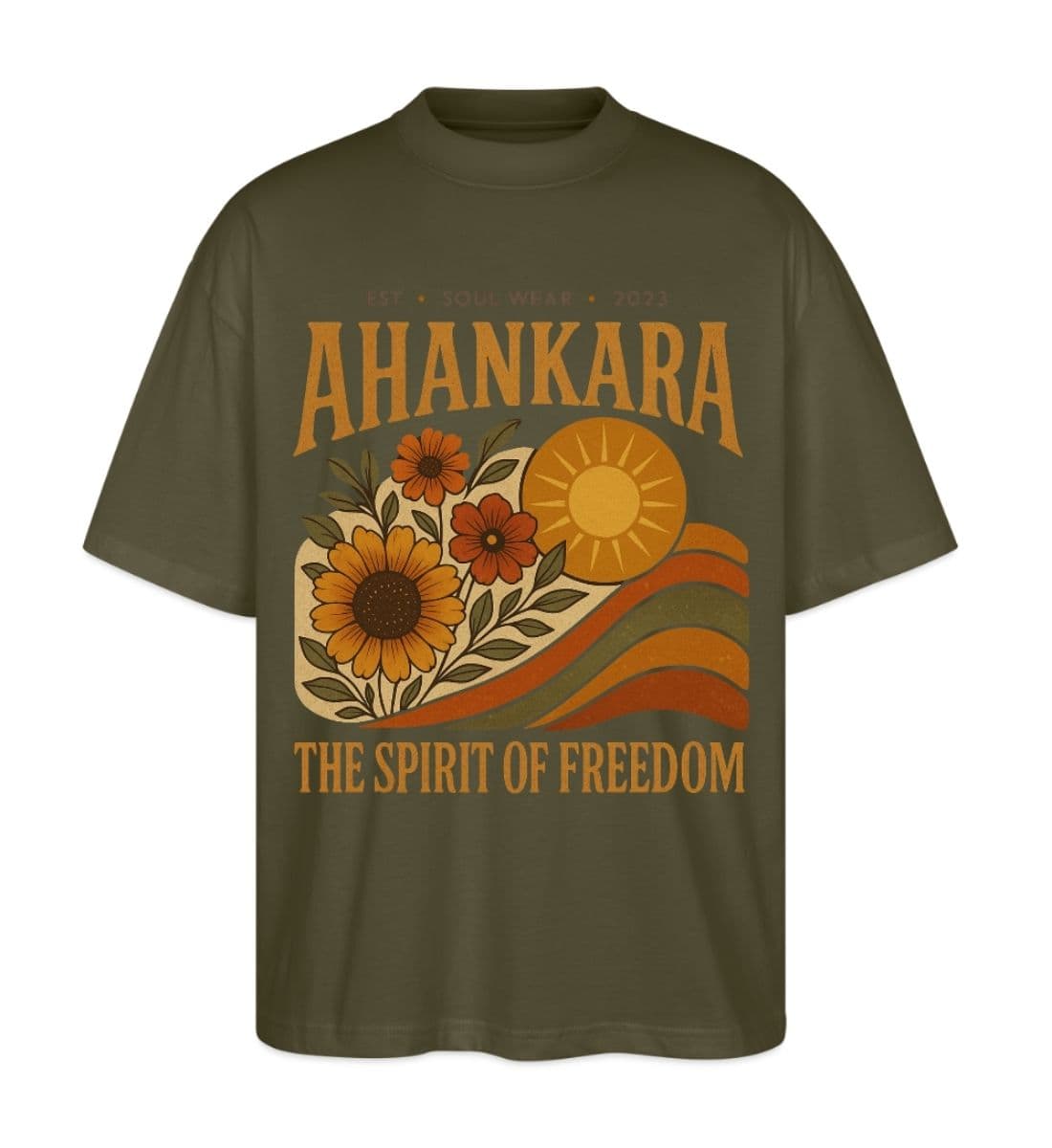 Olivgrünes Hippie T Shirt im Retro-Look mit Sonne, Blume und 70s-Design