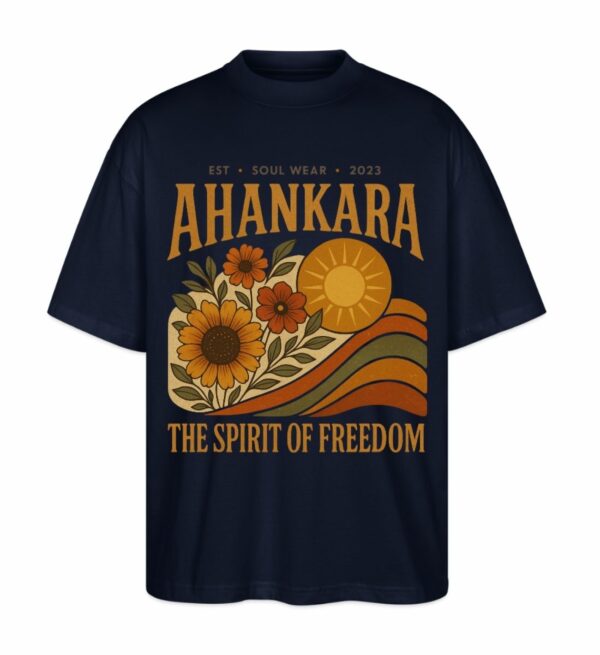 Dunkelblaues Hippie T Shirt mit „The Spirit of Freedom“ Print im Vintage-Style