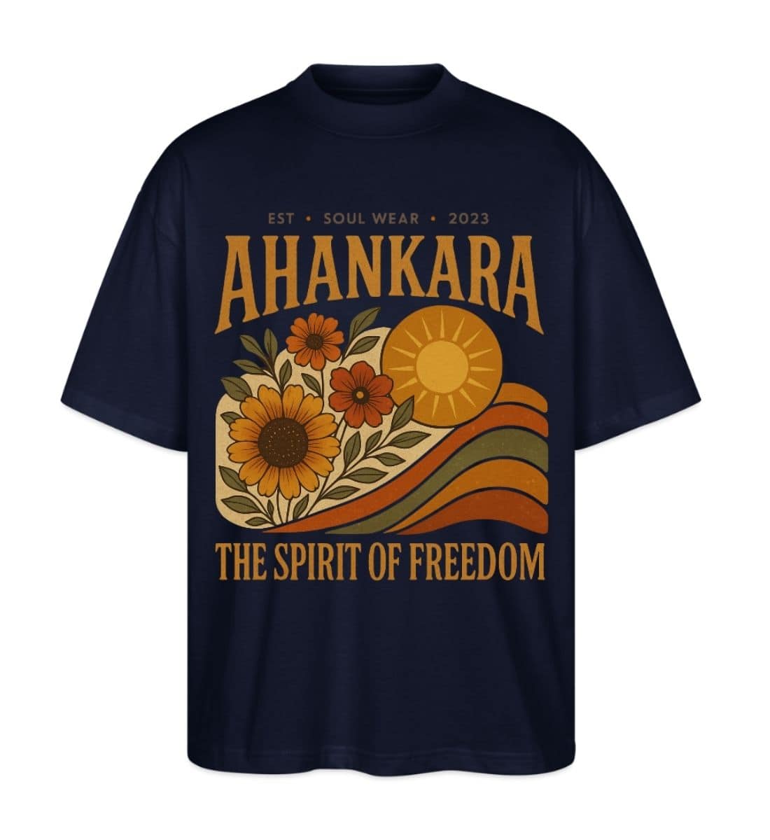 Dunkelblaues Hippie T Shirt mit „The Spirit of Freedom“ Print im Vintage-Style