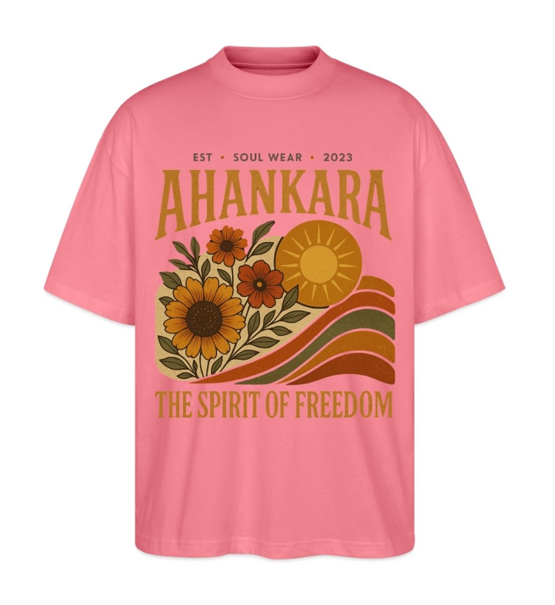 Pinkes Hippie T Shirt mit Retro-Print „The Spirit of Freedom“ im Boho-Stil