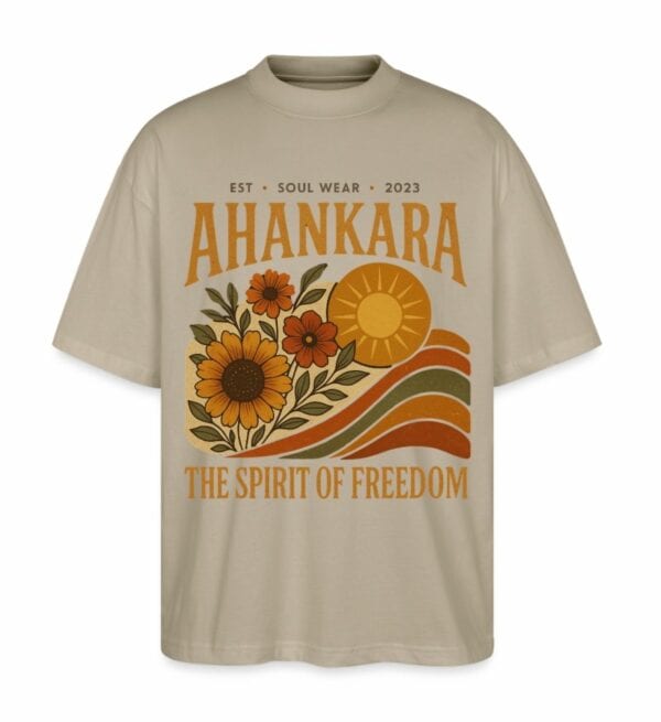 Hippie T Shirt „The Spirit of Freedom“ in Sand mit Sonnen- und Blumenmotiv