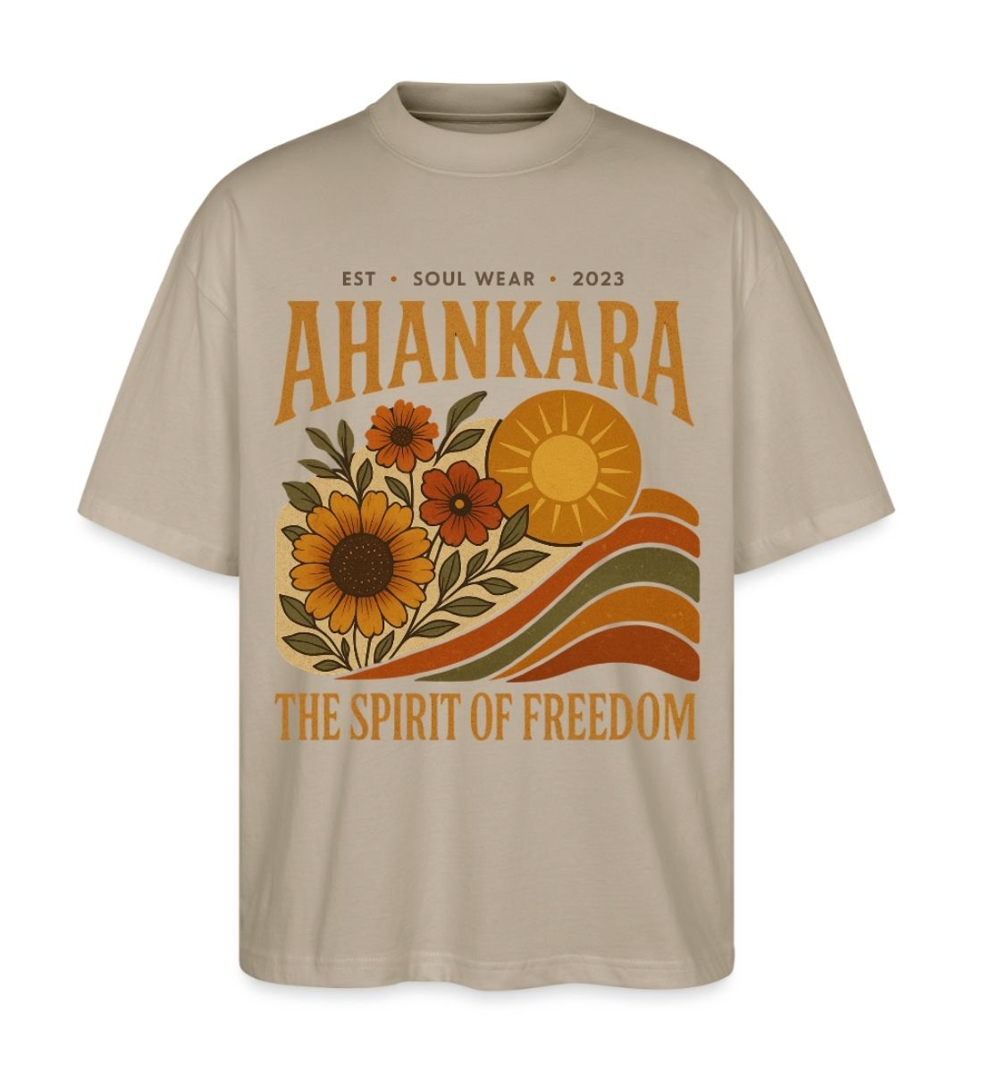 Hippie T Shirt „The Spirit of Freedom“ in Sand mit Sonnen- und Blumenmotiv