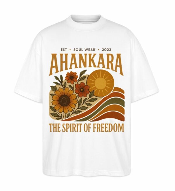 Weißes Hippie T Shirt „The Spirit of Freedom“ mit Sonnenblumen und Retro-Print