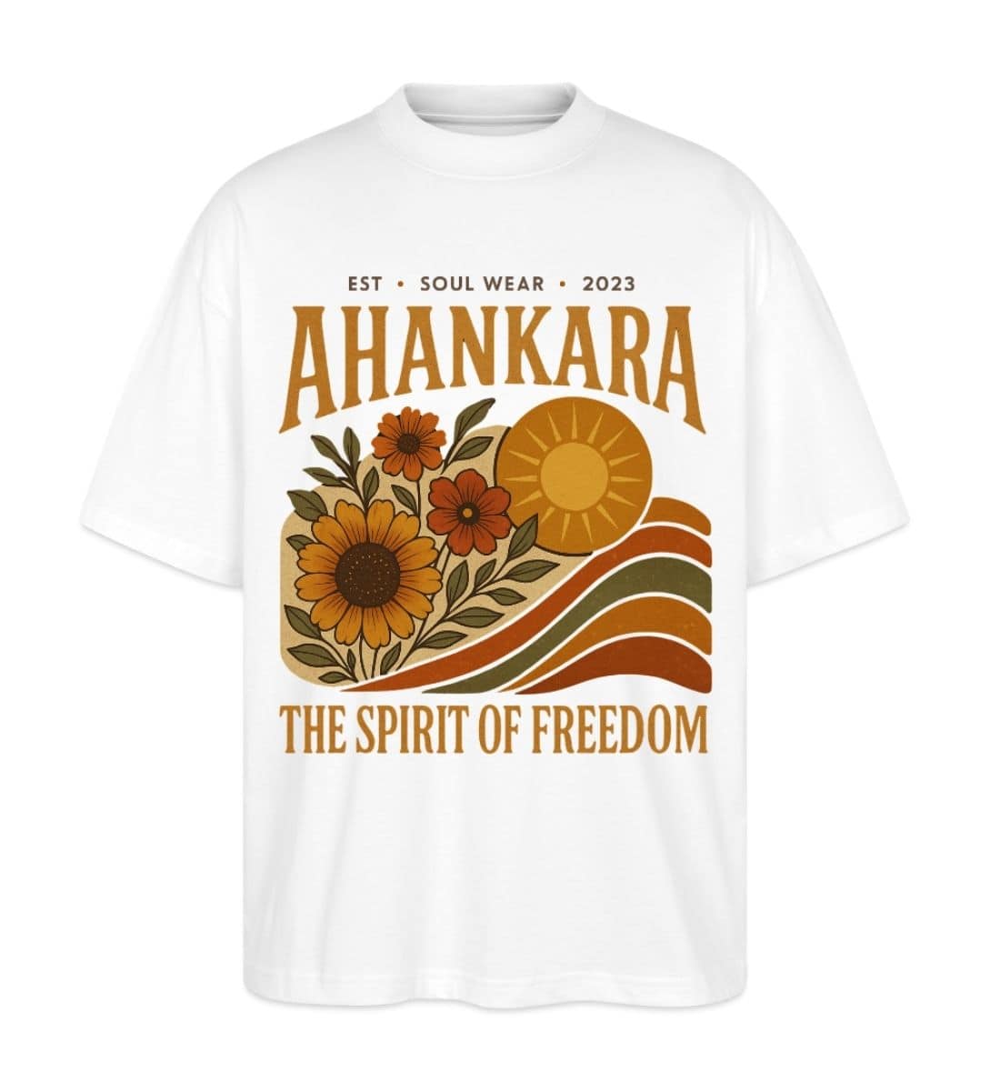 Weißes Hippie T Shirt „The Spirit of Freedom“ mit Sonnenblumen und Retro-Print