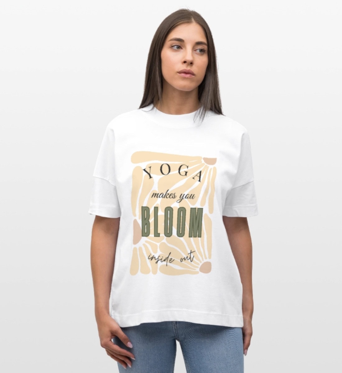 Oversized T Shirt Printed Yoga Weiss mit Retro Motiv für Damen