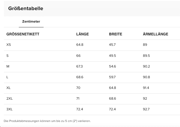 Sherpa Jacke Größentabelle