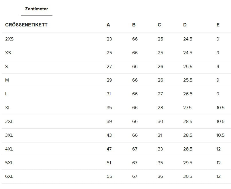 Sport Leggins Retro Größentabelle cm