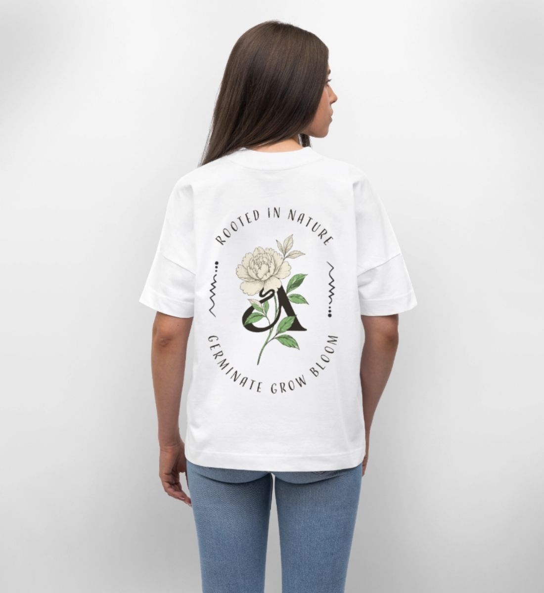 Backprint Oversized Shirt mit Retro Pfingstrose , Weißes Shirt mit Dame.