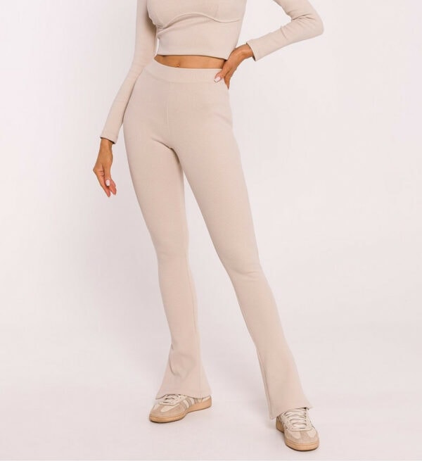 Leggings gerippt Hell Beige mit Schlag und Schlitz