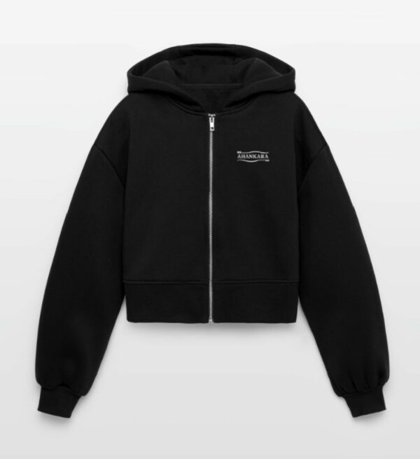 Bequeme Oversize Kapuzenjacke in schwarz mit dezentem tribal logo in weiß, drop-shoulder und extra große Kapuze