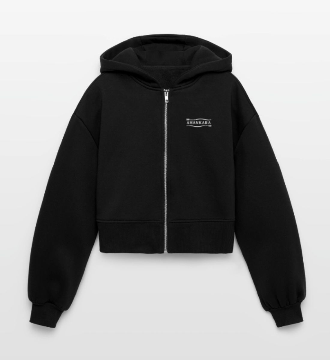 Bequeme Oversize Kapuzenjacke in schwarz mit dezentem tribal logo in weiß, drop-shoulder und extra große Kapuze