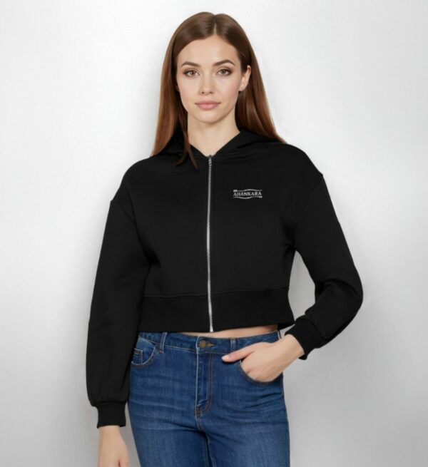 Damen Oversize Kapuzenjacke cropped in schwarz aus hochwertiger Baumwolle, mit drop shoulders, bequem und weich