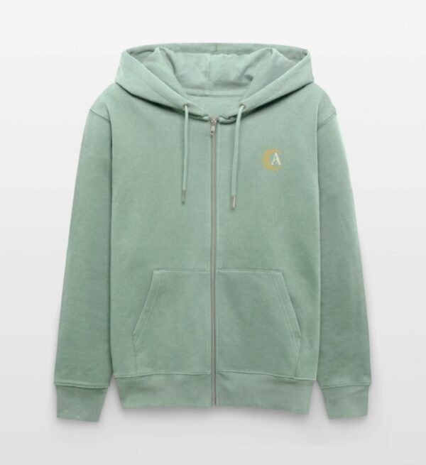 Kapuzenjacke mit Retro Sonnen Emblem, bequem und weich aus Bamwolle für Damen und Herren in Hell Gragrün