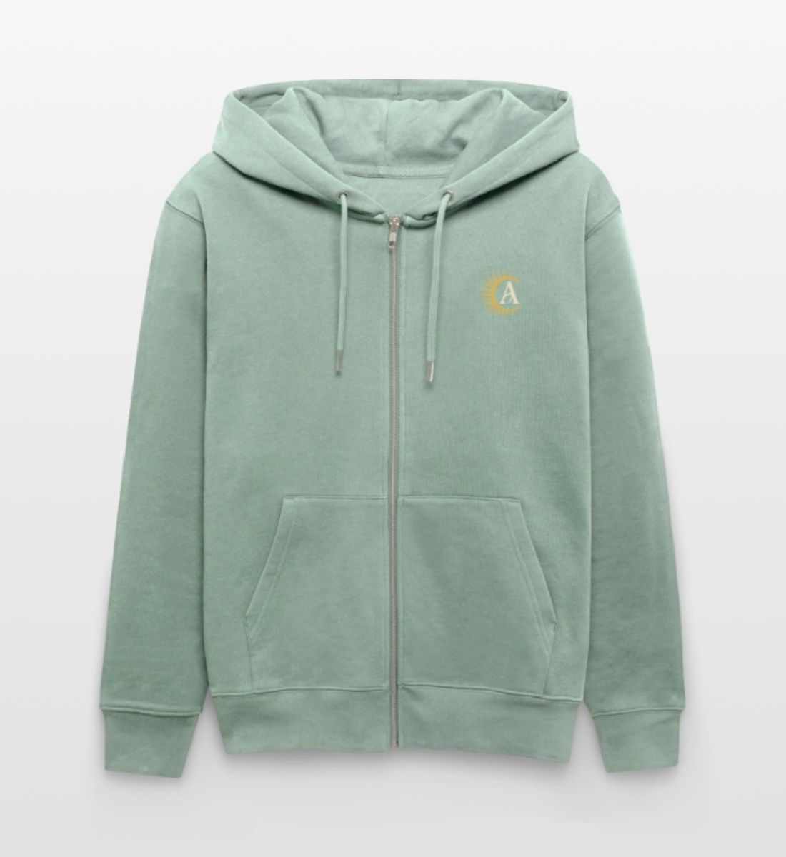 Kapuzenjacke mit Retro Sonnen Emblem, bequem und weich aus Bamwolle für Damen und Herren in Hell Gragrün