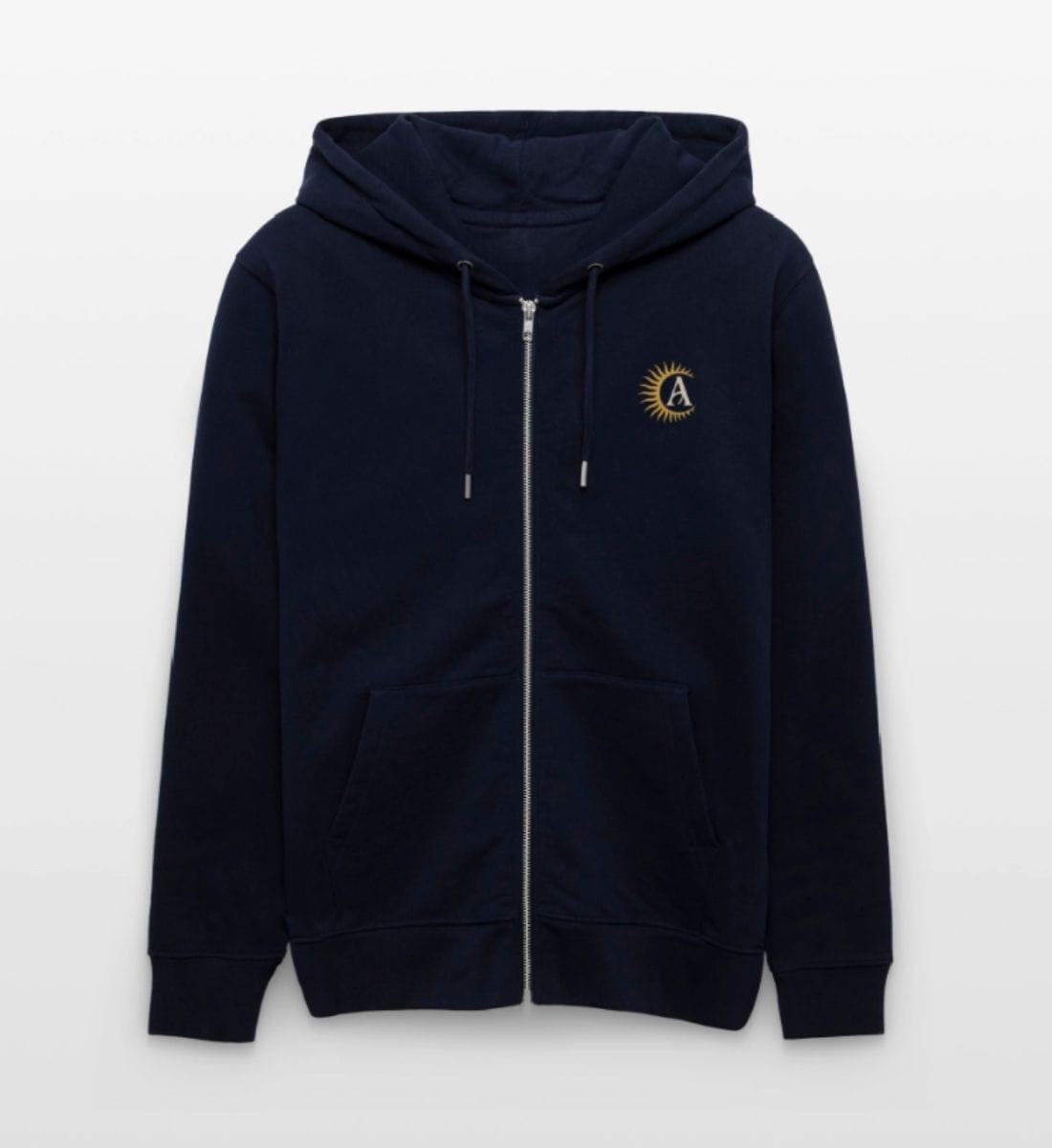 Kapuzenjacke mit Retro Sonnen Emblem, bequem und weich aus Bamwolle für Damen und Herren in Navy Dunkelblau