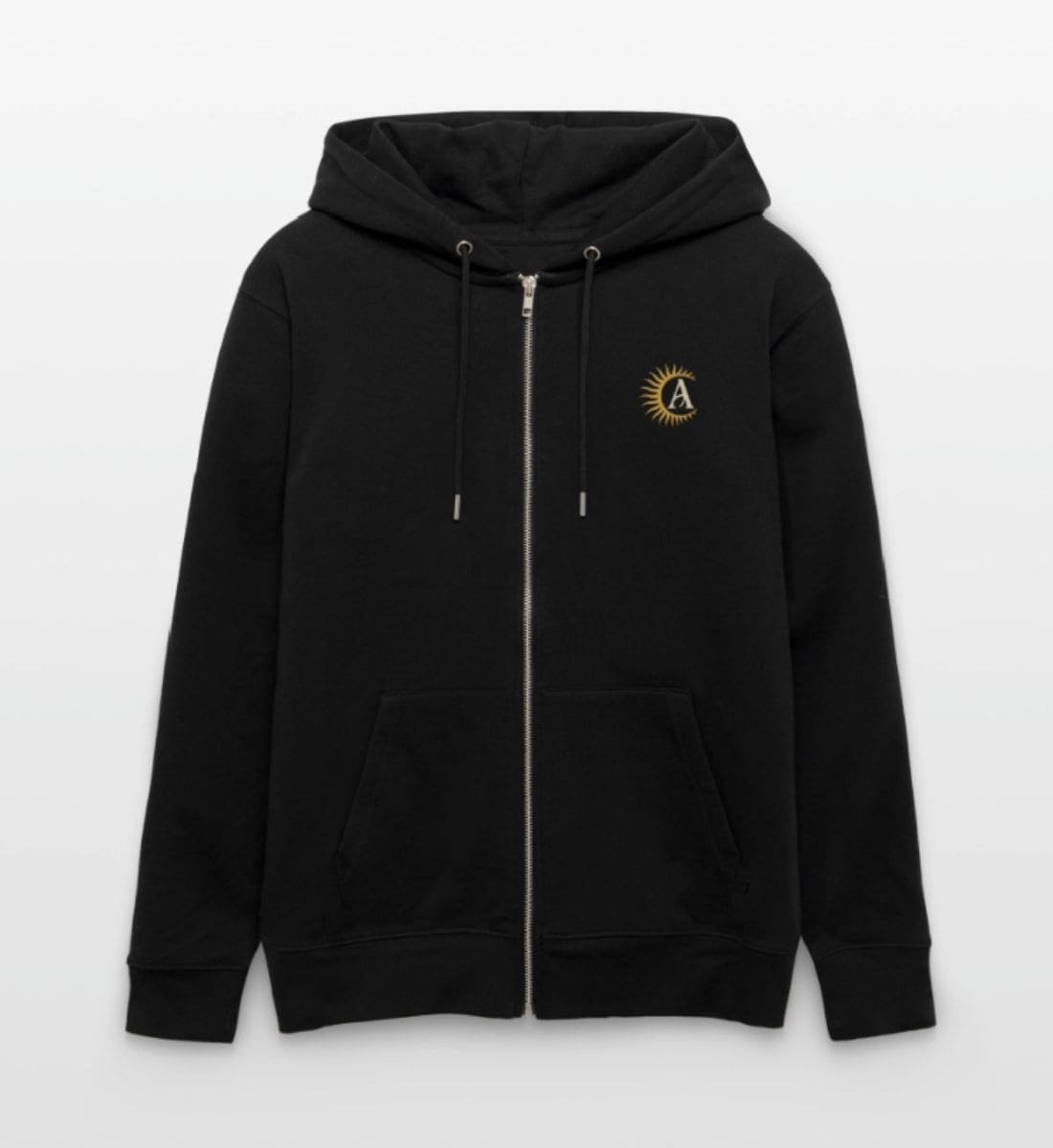 Kapuzenjacke mit Retro Sonnen Emblem, bequem und weich aus Bamwolle für Damen und Herren in Schwarz