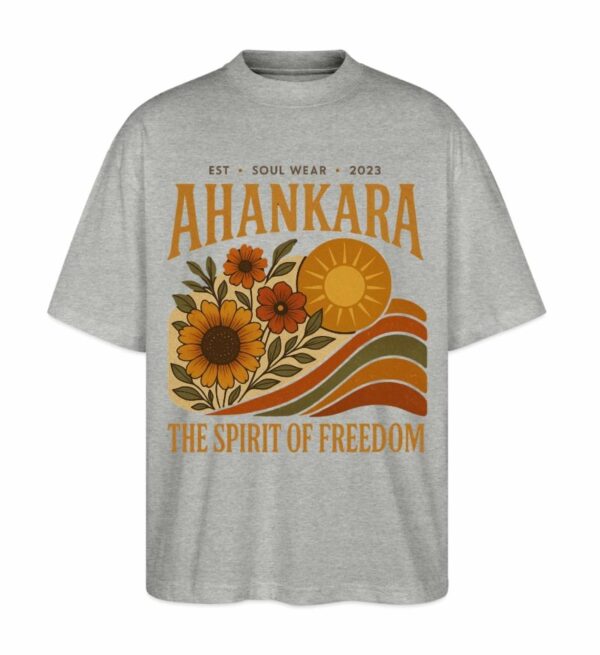 Graues Hippie T Shirt „The Spirit of Freedom“ mit Sonnenblumen und Retro-Print