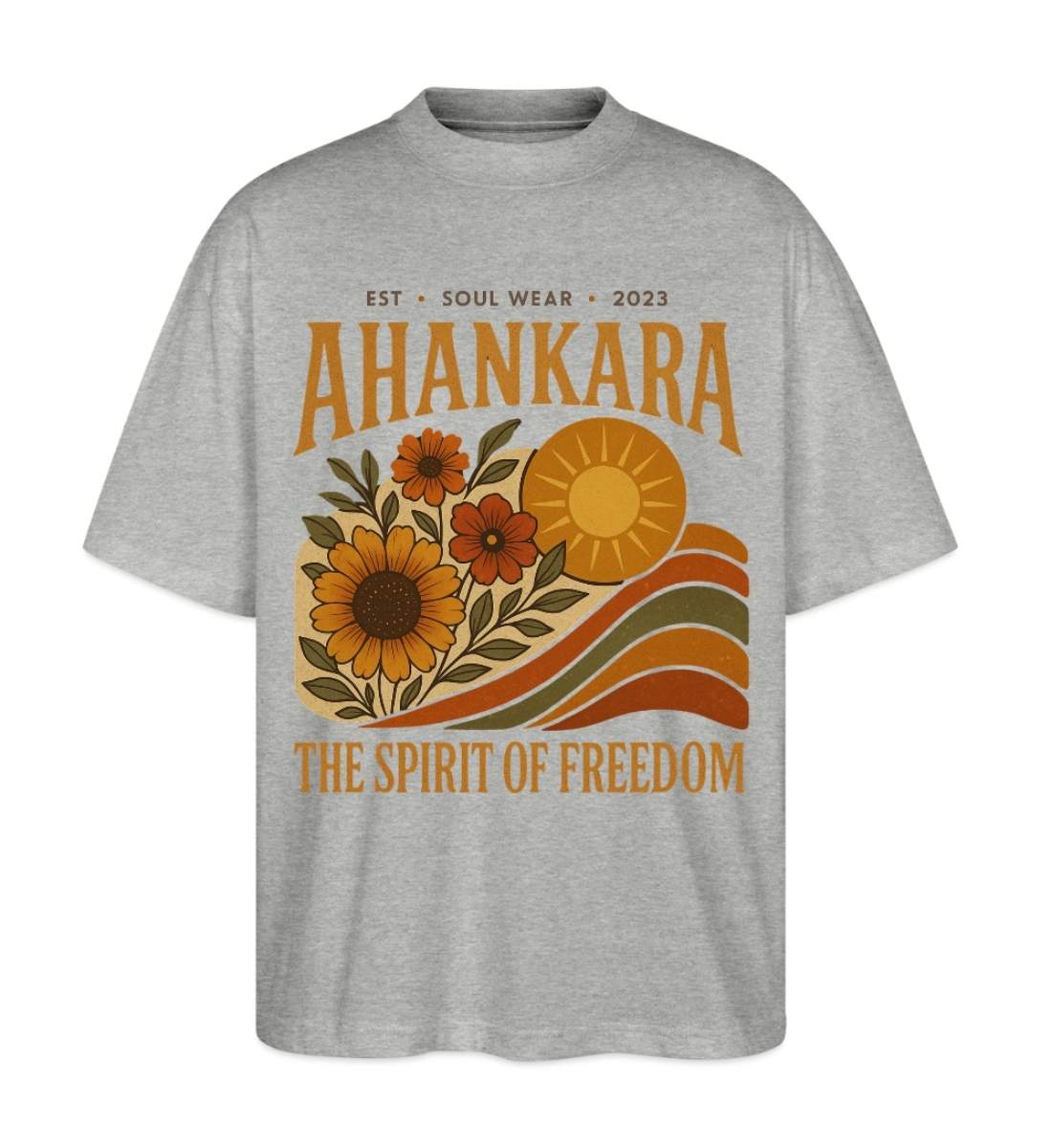 Graues Hippie T Shirt „The Spirit of Freedom“ mit Sonnenblumen und Retro-Print