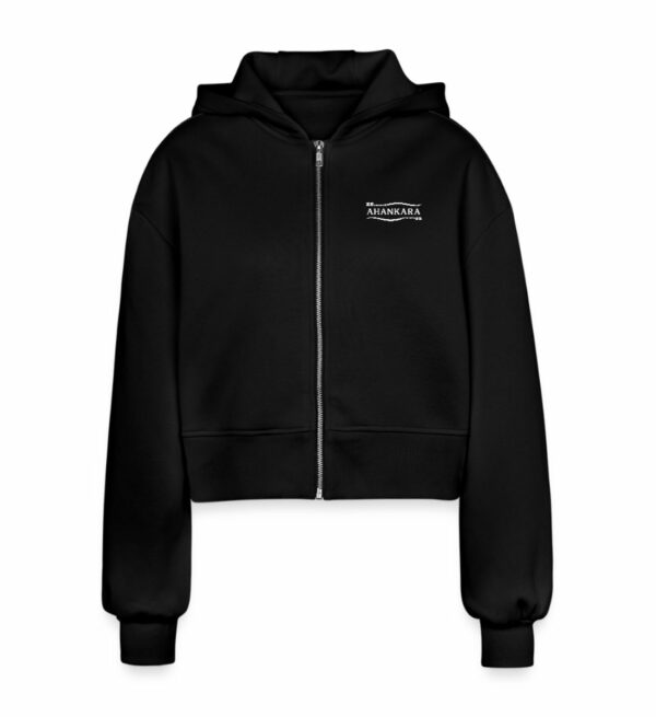 Oversize Kapuzenjacke in Schwarz mit weißem Tribal Logo dezent und modern, cropped für Damen