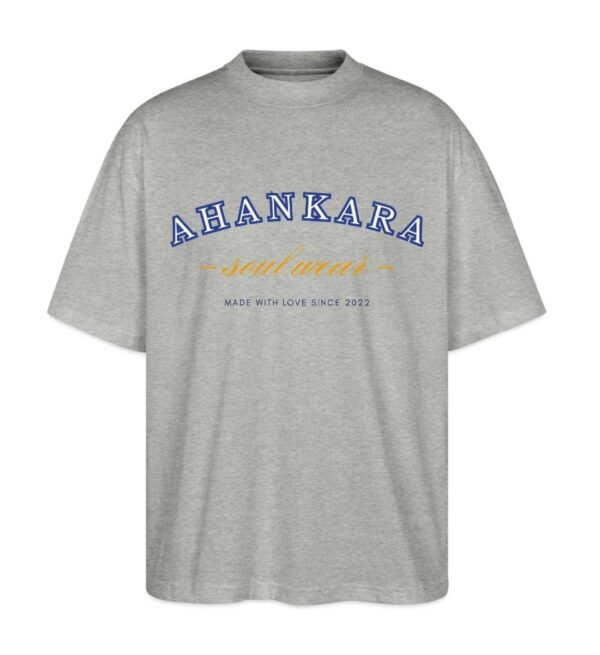 Oversized T Shirt Grau meliert im college style mit blauem und gelben Schriftzug