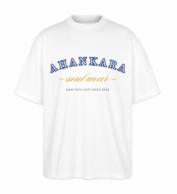 Oversized T Shirt im College Style weiss mit blauem und gelbem Schriftzug