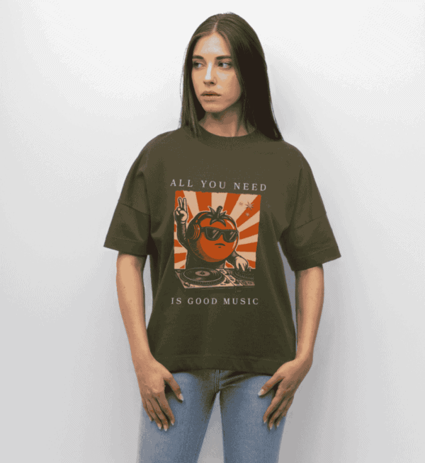 Vintage Print Shirt Oversized mit Drop-Shoulder in Khaki und Dj-Motiv