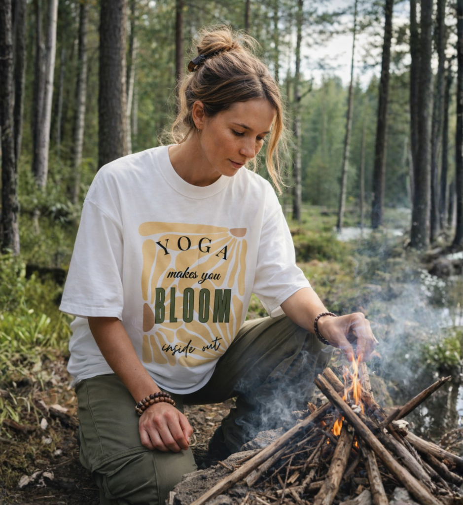 Nachhaltiges Yoga Shirt für Damen getragen von Frau am Lagerfeuer im Wald