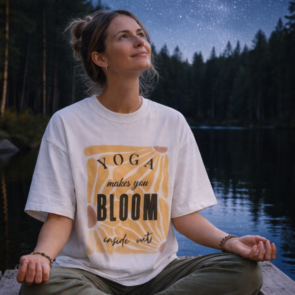 Umweltfreundliches Yoga Shirt Damen getragen von Frau unter klarem Sternenhimmel