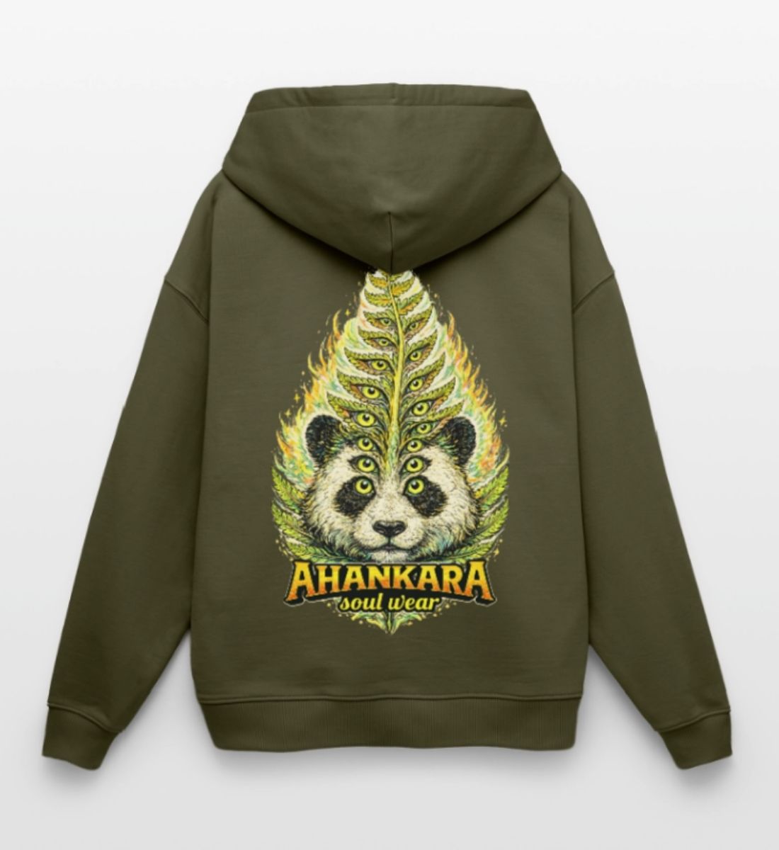 Oversized Retro Hoodie mit psychedelischem Panda Motiv auf Rücken in Khaki